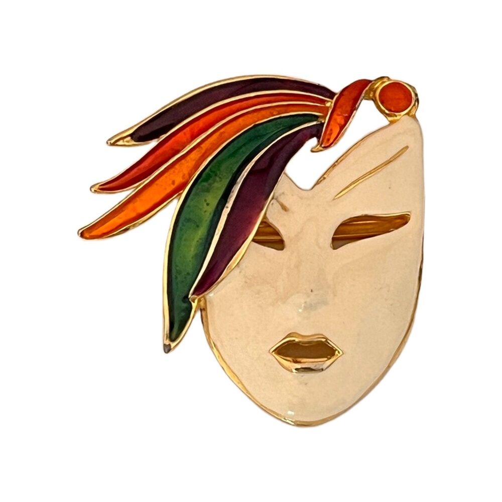 Vintage 1980s Enamel Jester Face Brooch Gold Tone Statement - 1J